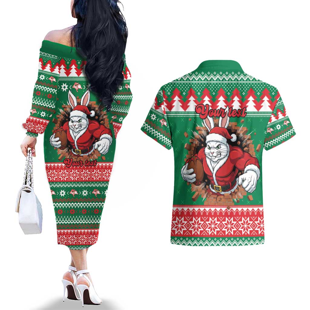Jingle Rabbitohs Jump Personalized Couples Matching Off The Shoulder Long Sleeve Dress and Hawaiian Shirt Christmas Rugby League Spirit - Aussie Hoodie