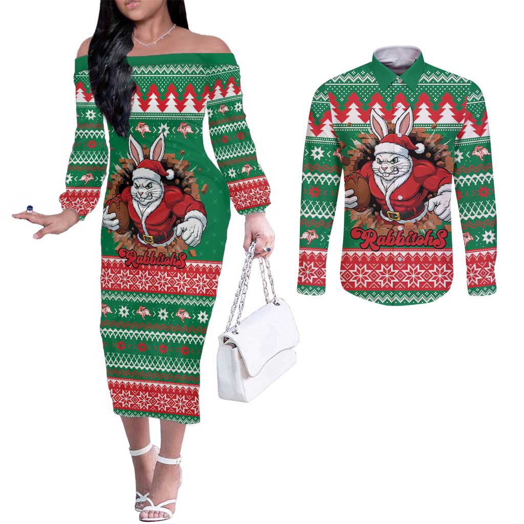 Jingle Rabbitohs Jump Personalized Couples Matching Off The Shoulder Long Sleeve Dress and Long Sleeve Button Shirt Christmas Rugby League Spirit - Aussie Hoodie