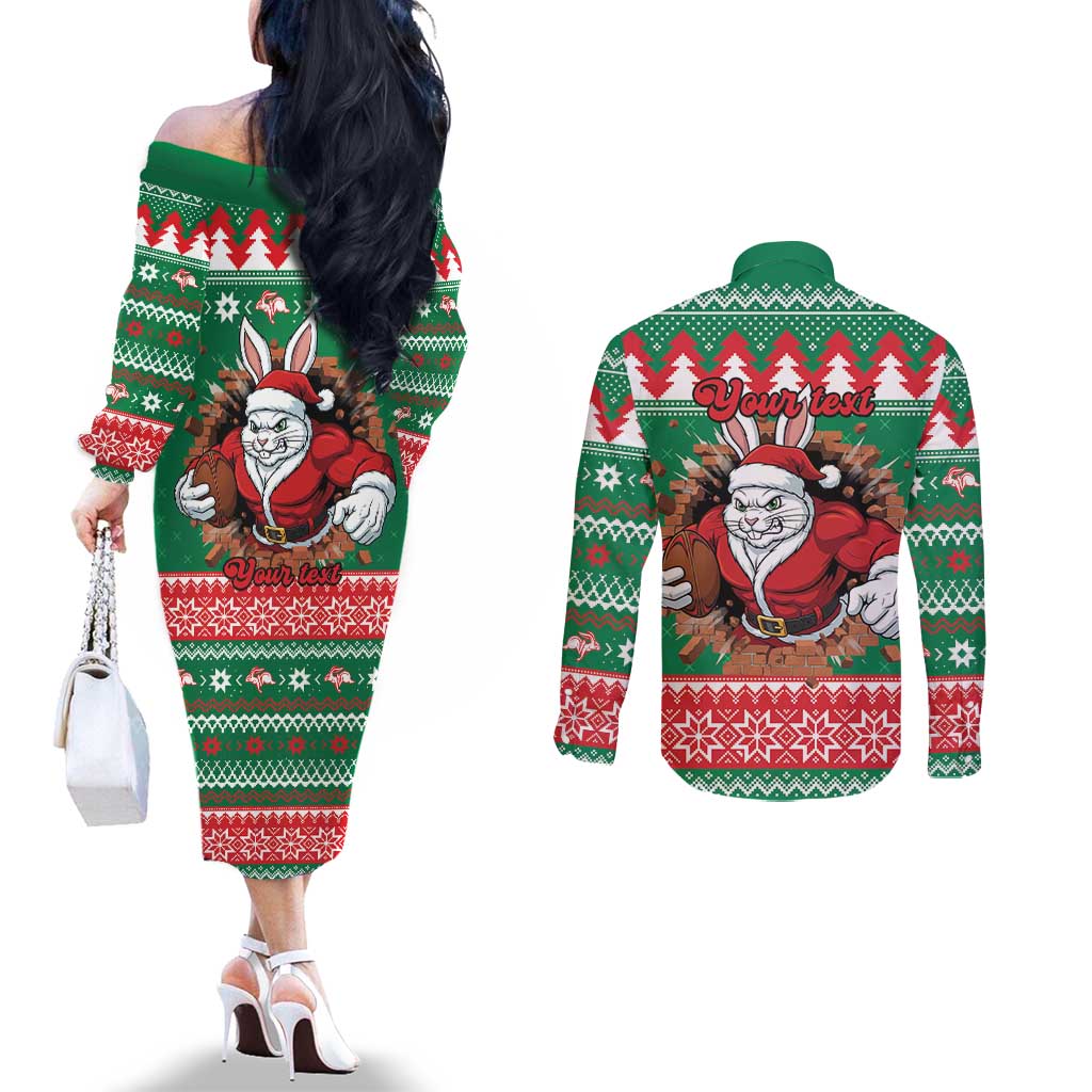 Jingle Rabbitohs Jump Personalized Couples Matching Off The Shoulder Long Sleeve Dress and Long Sleeve Button Shirt Christmas Rugby League Spirit - Aussie Hoodie