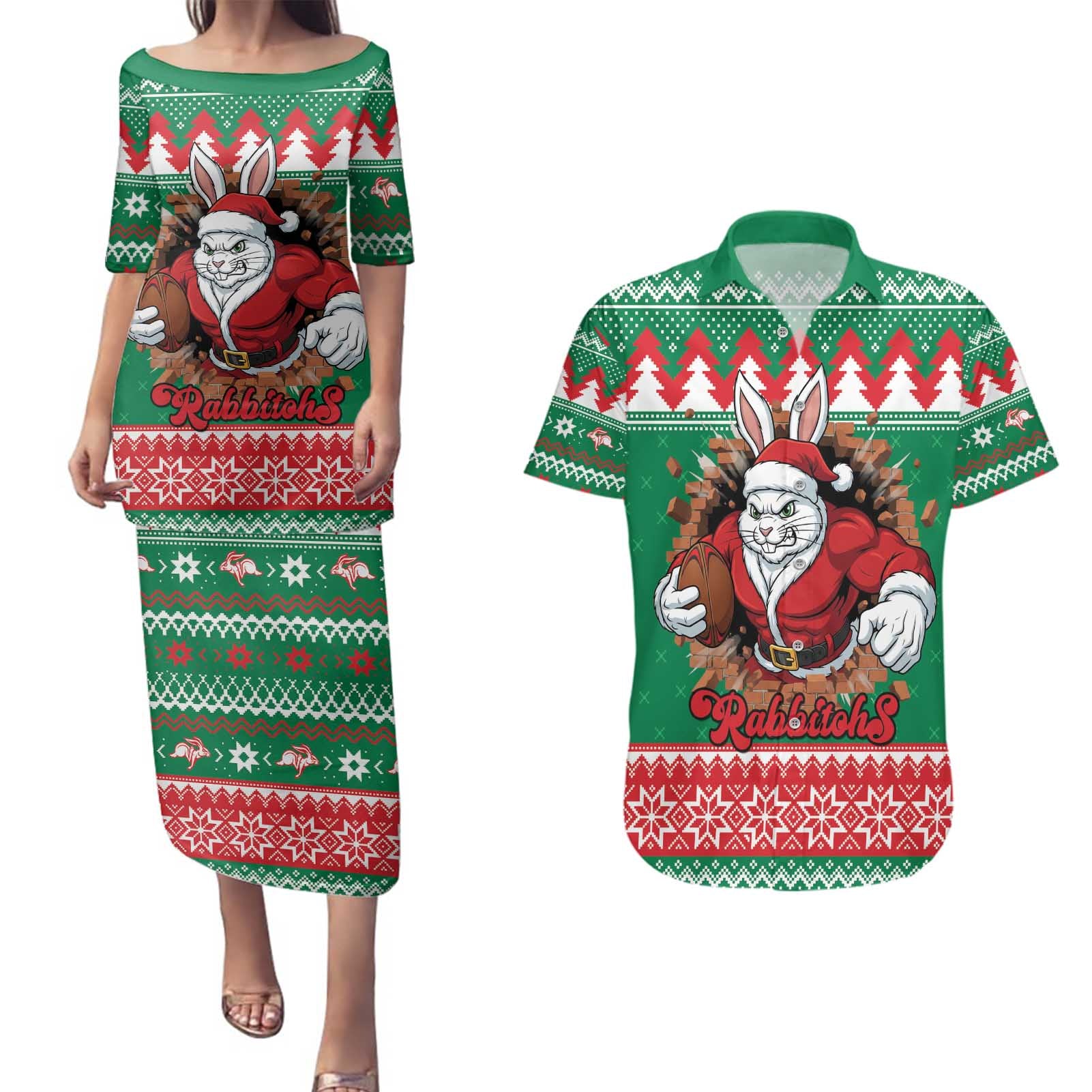 Jingle Rabbitohs Jump Personalized Couples Matching Puletasi and Hawaiian Shirt Christmas Rugby League Spirit - Aussie Hoodie