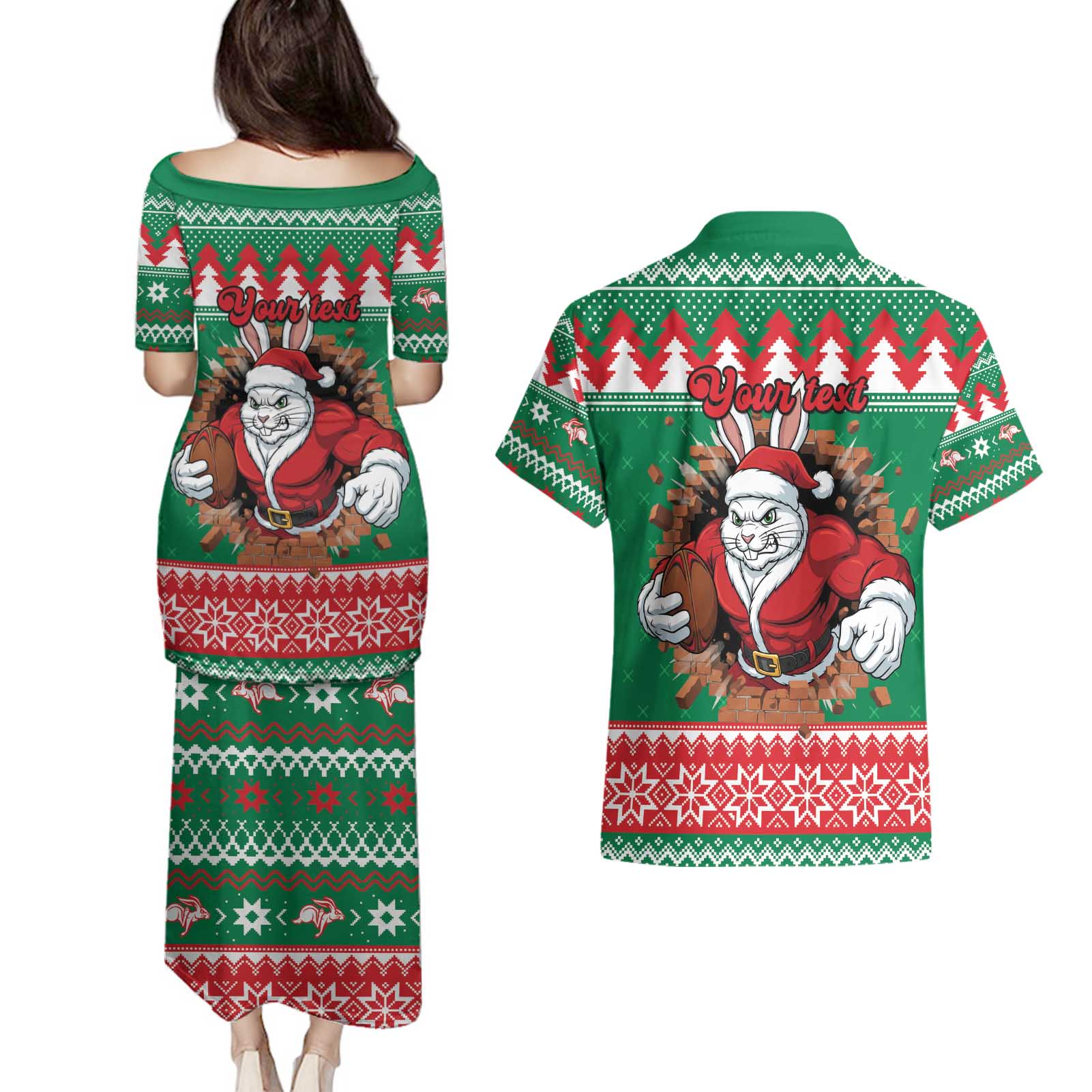 Jingle Rabbitohs Jump Personalized Couples Matching Puletasi and Hawaiian Shirt Christmas Rugby League Spirit - Aussie Hoodie