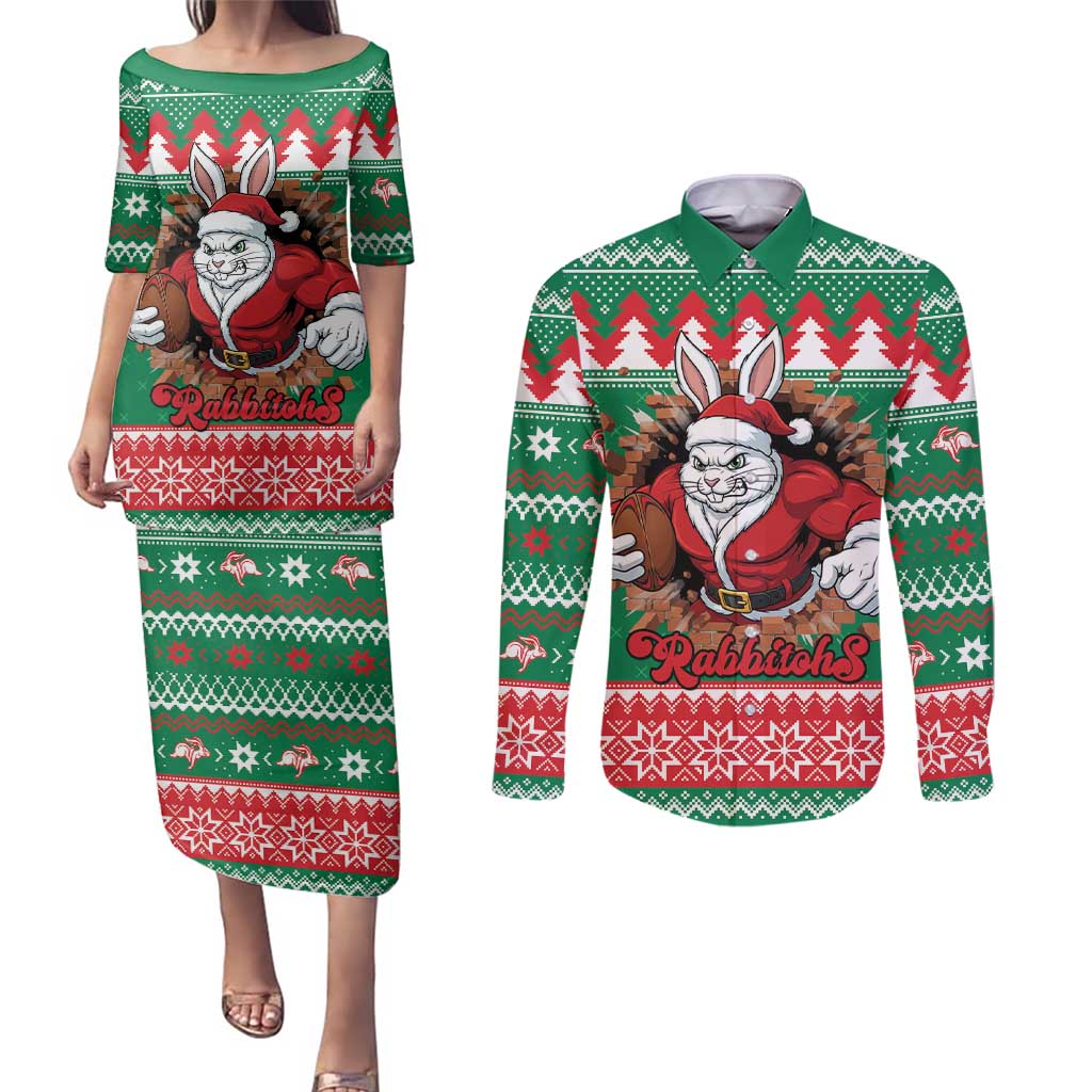 Jingle Rabbitohs Jump Personalized Couples Matching Puletasi and Long Sleeve Button Shirt Christmas Rugby League Spirit - Aussie Hoodie
