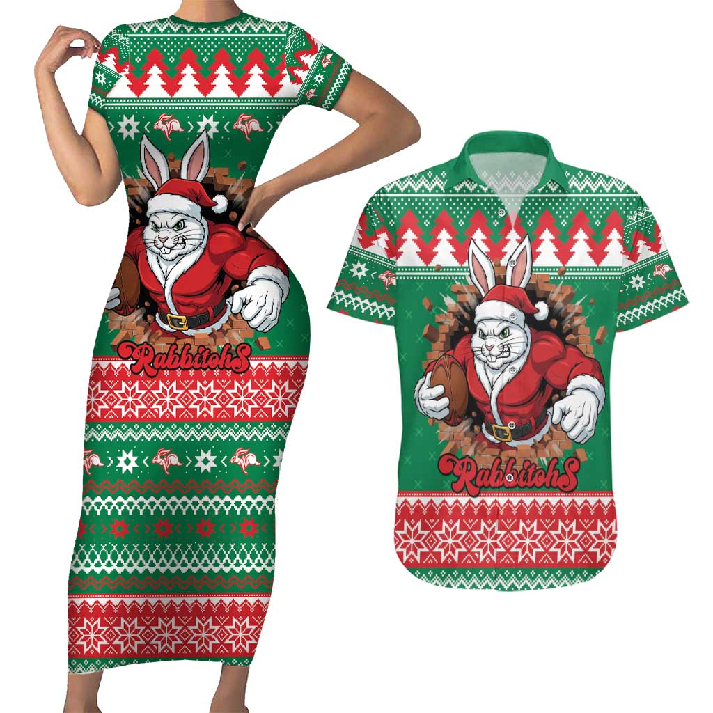 Jingle Rabbitohs Jump Personalized Couples Matching Short Sleeve Bodycon Dress and Hawaiian Shirt Christmas Rugby League Spirit - Aussie Hoodie