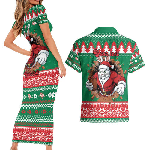 Jingle Rabbitohs Jump Personalized Couples Matching Short Sleeve Bodycon Dress and Hawaiian Shirt Christmas Rugby League Spirit - Aussie Hoodie