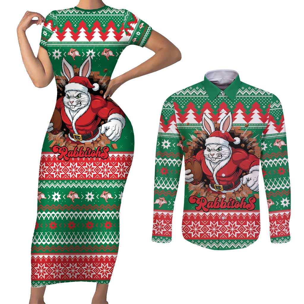 Jingle Rabbitohs Jump Personalized Couples Matching Short Sleeve Bodycon Dress and Long Sleeve Button Shirt Christmas Rugby League Spirit - Aussie Hoodie