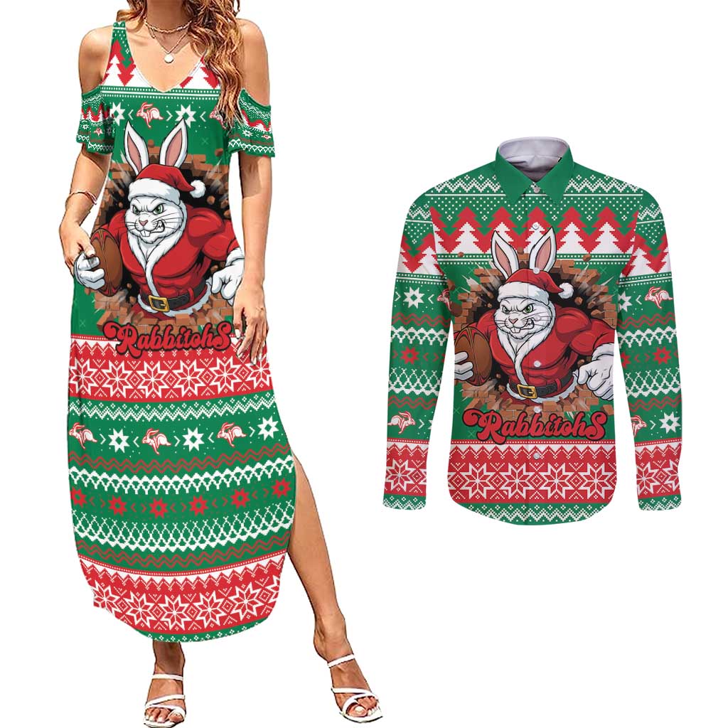 Jingle Rabbitohs Jump Personalized Couples Matching Summer Maxi Dress and Long Sleeve Button Shirt Christmas Rugby League Spirit - Aussie Hoodie
