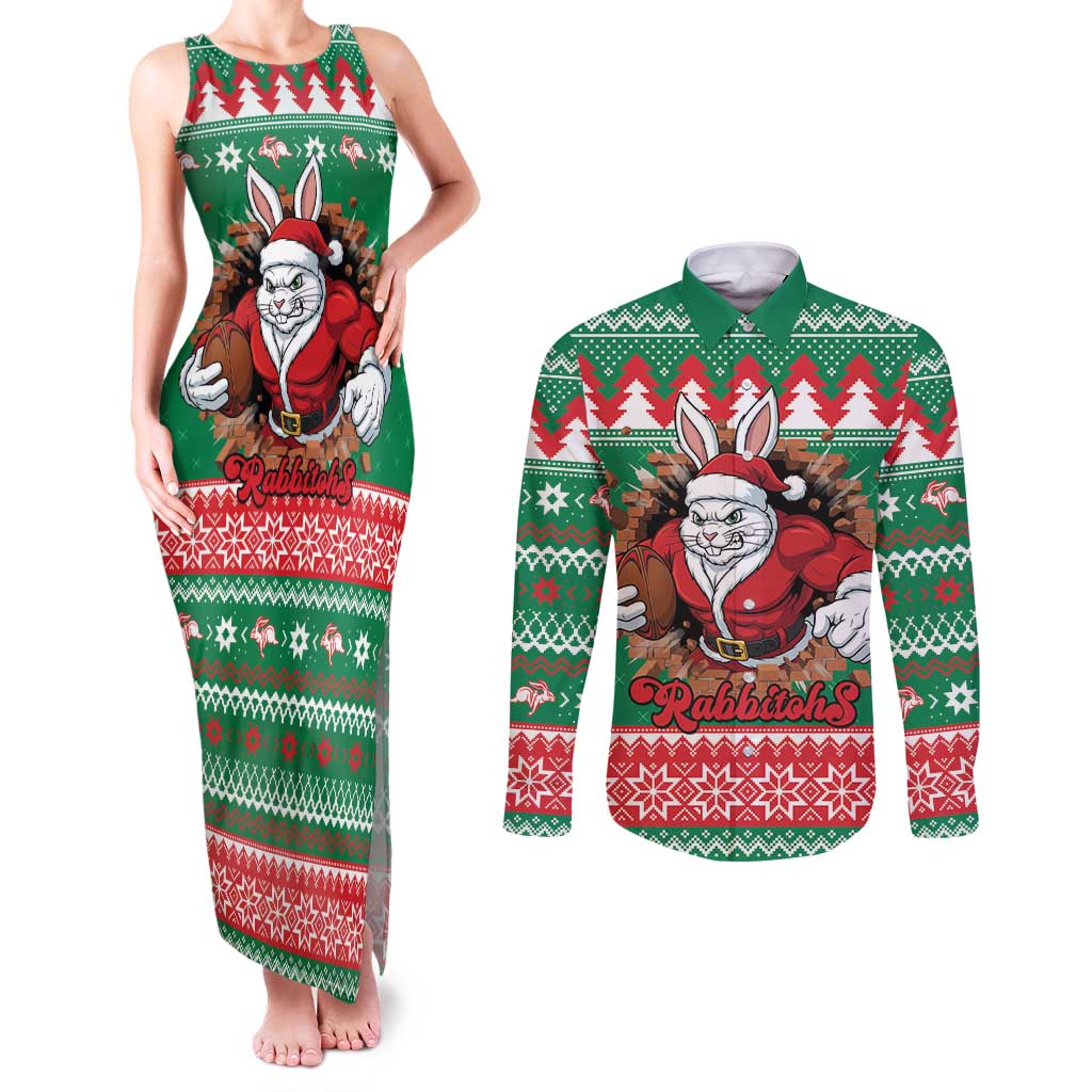 Jingle Rabbitohs Jump Personalized Couples Matching Tank Maxi Dress and Long Sleeve Button Shirt Christmas Rugby League Spirit - Aussie Hoodie