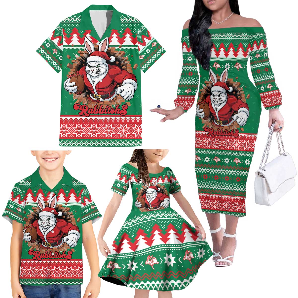 Jingle Rabbitohs Jump Personalized Family Matching Off The Shoulder Long Sleeve Dress and Hawaiian Shirt Christmas Rugby League Spirit - Aussie Hoodie