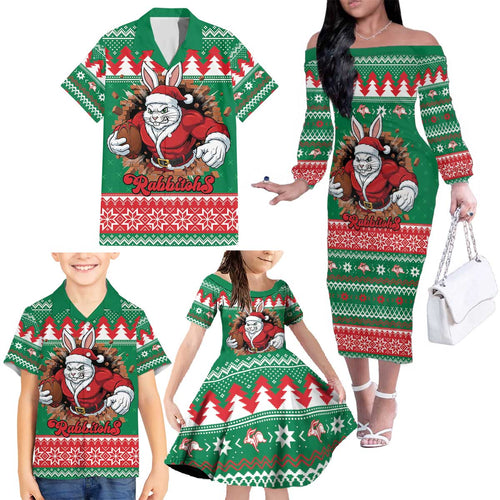 Jingle Rabbitohs Jump Personalized Family Matching Off The Shoulder Long Sleeve Dress and Hawaiian Shirt Christmas Rugby League Spirit - Aussie Hoodie