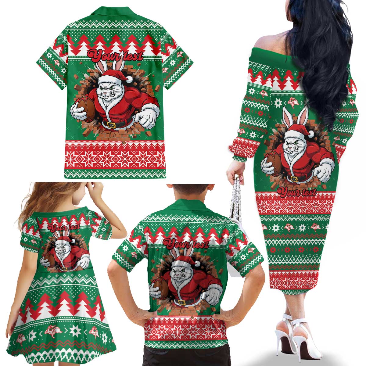Jingle Rabbitohs Jump Personalized Family Matching Off The Shoulder Long Sleeve Dress and Hawaiian Shirt Christmas Rugby League Spirit - Aussie Hoodie
