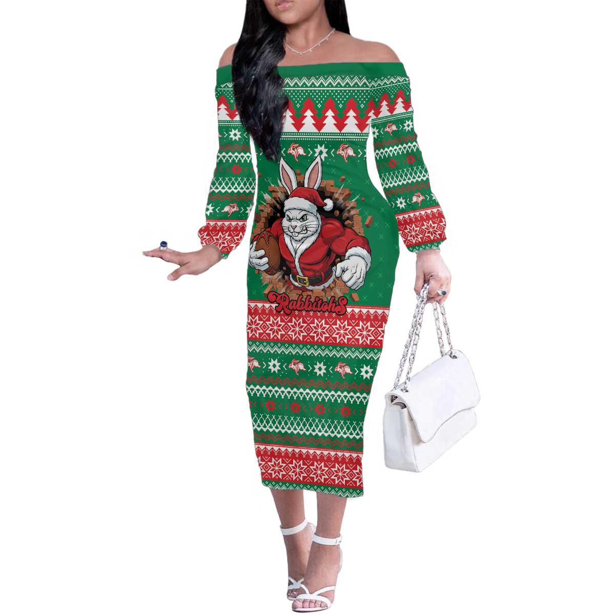 Jingle Rabbitohs Jump Personalized Family Matching Off The Shoulder Long Sleeve Dress and Hawaiian Shirt Christmas Rugby League Spirit - Aussie Hoodie