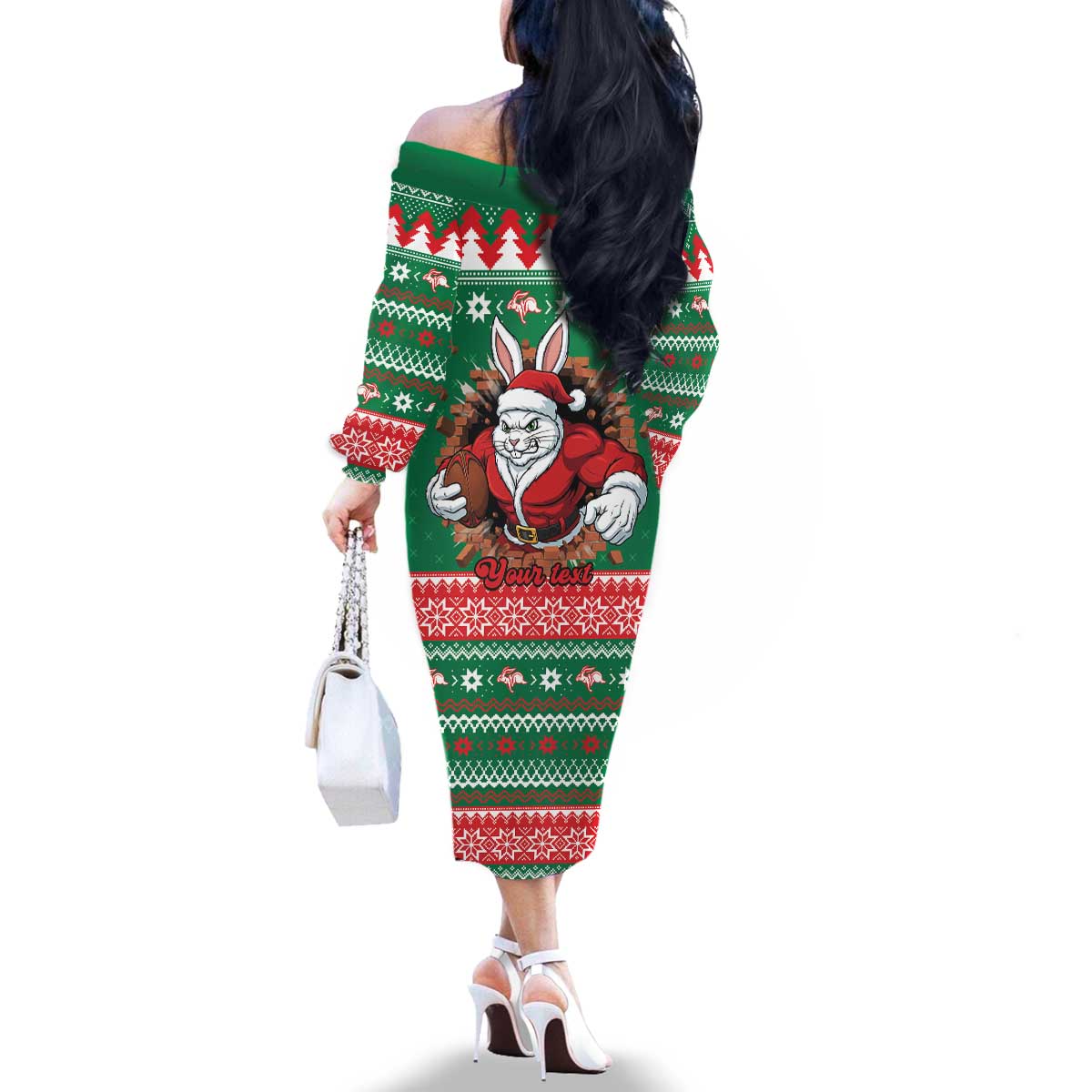 Jingle Rabbitohs Jump Personalized Family Matching Off The Shoulder Long Sleeve Dress and Hawaiian Shirt Christmas Rugby League Spirit - Aussie Hoodie
