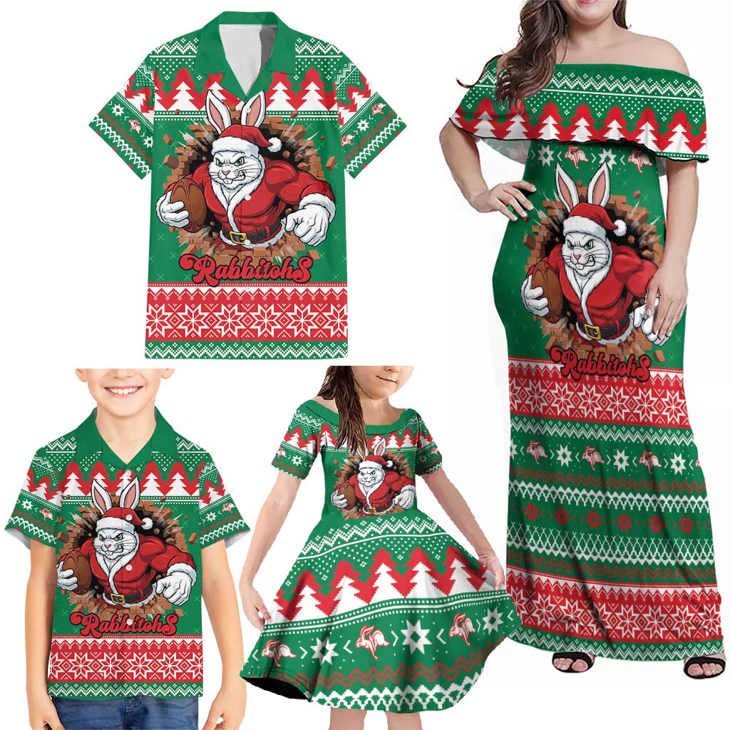 Jingle Rabbitohs Jump Personalized Family Matching Off Shoulder Maxi Dress and Hawaiian Shirt Christmas Rugby League Spirit - Aussie Hoodie
