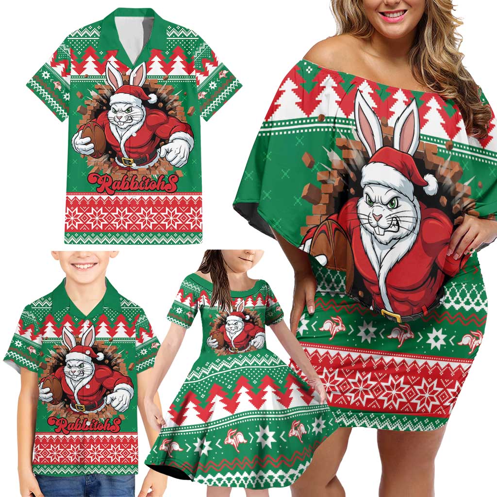 Jingle Rabbitohs Jump Personalized Family Matching Off Shoulder Short Dress and Hawaiian Shirt Christmas Rugby League Spirit - Aussie Hoodie