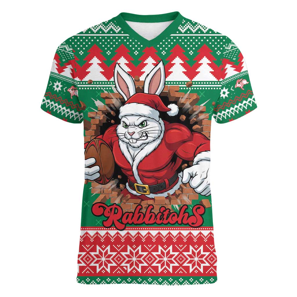 Jingle Rabbitohs Jump Personalized Women V-Neck T-Shirt Christmas Rugby League Spirit - Aussie Hoodie