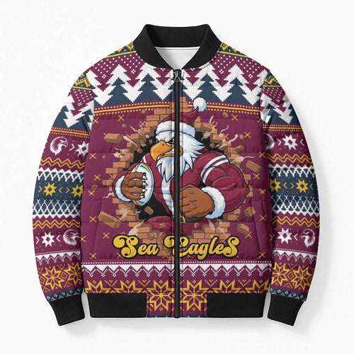 Merry Eagle Roar Personalized Bomber Puffer Jacket Christmas Rugby League Spirit - Aussie Hoodie