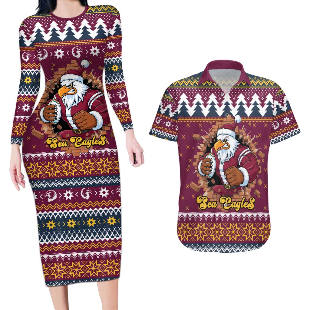 Merry Eagle Roar Personalized Couples Matching Long Sleeve Bodycon Dress and Hawaiian Shirt Christmas Rugby League Spirit - Aussie Hoodie