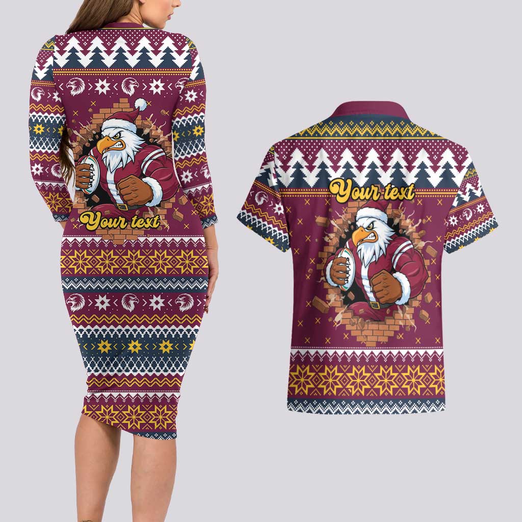 Merry Eagle Roar Personalized Couples Matching Long Sleeve Bodycon Dress and Hawaiian Shirt Christmas Rugby League Spirit - Aussie Hoodie