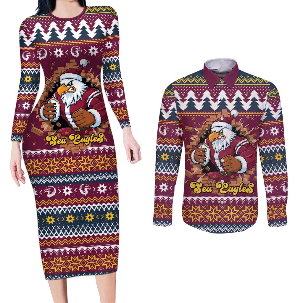 Merry Eagle Roar Personalized Couples Matching Long Sleeve Bodycon Dress and Long Sleeve Button Shirt Christmas Rugby League Spirit - Aussie Hoodie