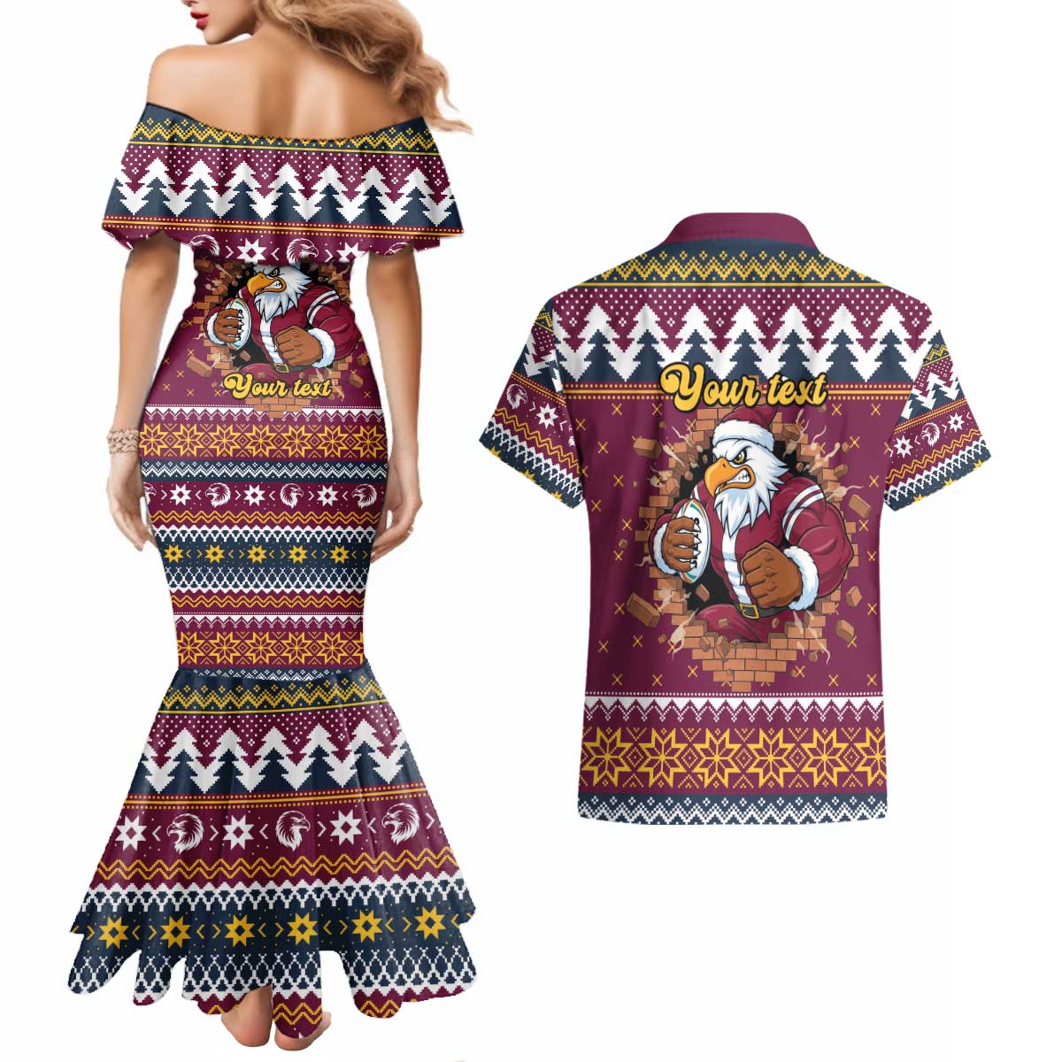 Merry Eagle Roar Personalized Couples Matching Mermaid Dress and Hawaiian Shirt Christmas Rugby League Spirit - Aussie Hoodie