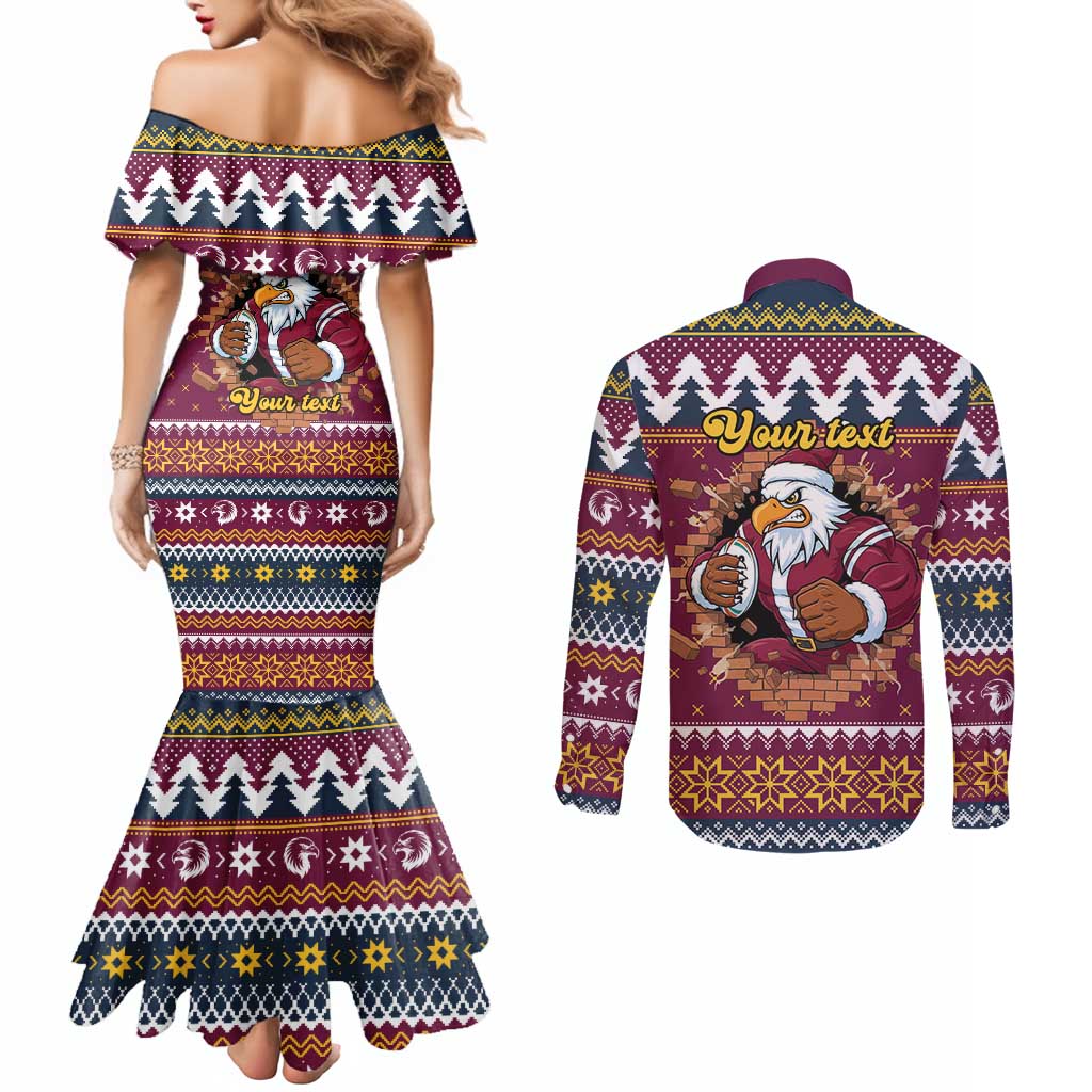 Merry Eagle Roar Personalized Couples Matching Mermaid Dress and Long Sleeve Button Shirt Christmas Rugby League Spirit - Aussie Hoodie