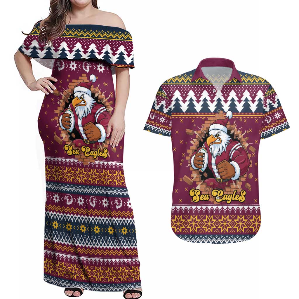 Merry Eagle Roar Personalized Couples Matching Off Shoulder Maxi Dress and Hawaiian Shirt Christmas Rugby League Spirit - Aussie Hoodie