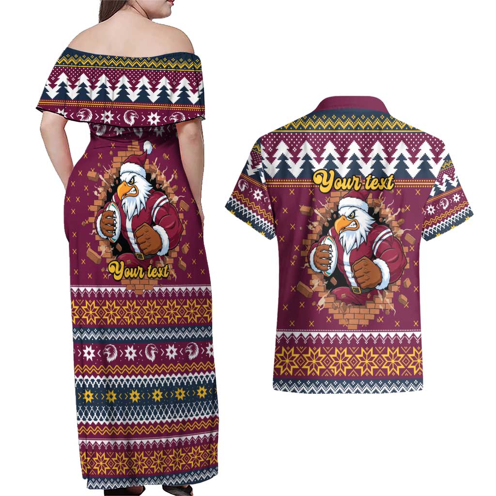 Merry Eagle Roar Personalized Couples Matching Off Shoulder Maxi Dress and Hawaiian Shirt Christmas Rugby League Spirit - Aussie Hoodie