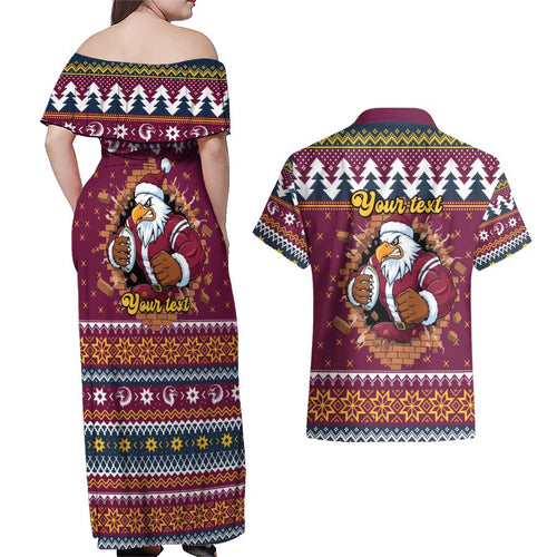 Merry Eagle Roar Personalized Couples Matching Off Shoulder Maxi Dress and Hawaiian Shirt Christmas Rugby League Spirit - Aussie Hoodie