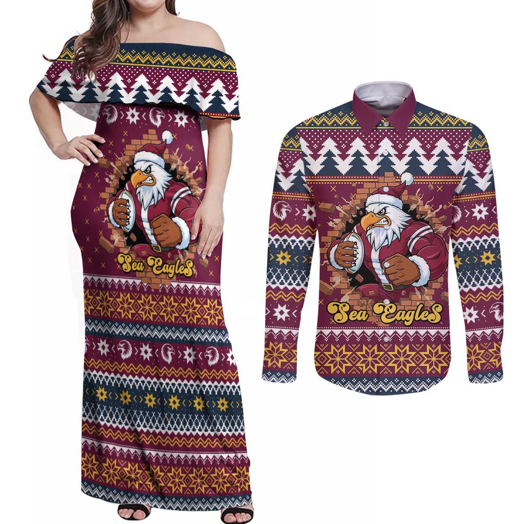 Merry Eagle Roar Personalized Couples Matching Off Shoulder Maxi Dress and Long Sleeve Button Shirt Christmas Rugby League Spirit - Aussie Hoodie