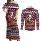Merry Eagle Roar Personalized Couples Matching Off Shoulder Maxi Dress and Long Sleeve Button Shirt Christmas Rugby League Spirit - Aussie Hoodie