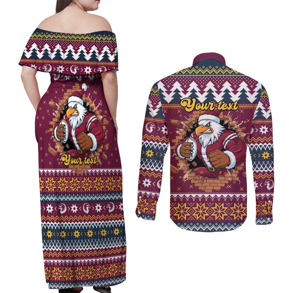 Merry Eagle Roar Personalized Couples Matching Off Shoulder Maxi Dress and Long Sleeve Button Shirt Christmas Rugby League Spirit - Aussie Hoodie