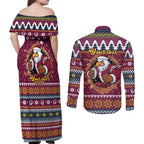 Merry Eagle Roar Personalized Couples Matching Off Shoulder Maxi Dress and Long Sleeve Button Shirt Christmas Rugby League Spirit - Aussie Hoodie
