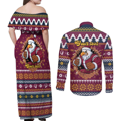 Merry Eagle Roar Personalized Couples Matching Off Shoulder Maxi Dress and Long Sleeve Button Shirt Christmas Rugby League Spirit - Aussie Hoodie