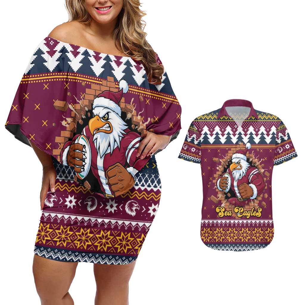 Merry Eagle Roar Personalized Couples Matching Off Shoulder Short Dress and Hawaiian Shirt Christmas Rugby League Spirit - Aussie Hoodie