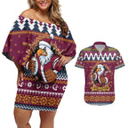 Merry Eagle Roar Personalized Couples Matching Off Shoulder Short Dress and Hawaiian Shirt Christmas Rugby League Spirit - Aussie Hoodie
