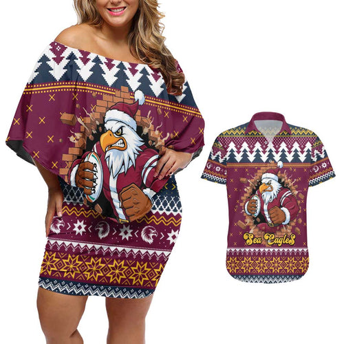 Merry Eagle Roar Personalized Couples Matching Off Shoulder Short Dress and Hawaiian Shirt Christmas Rugby League Spirit - Aussie Hoodie