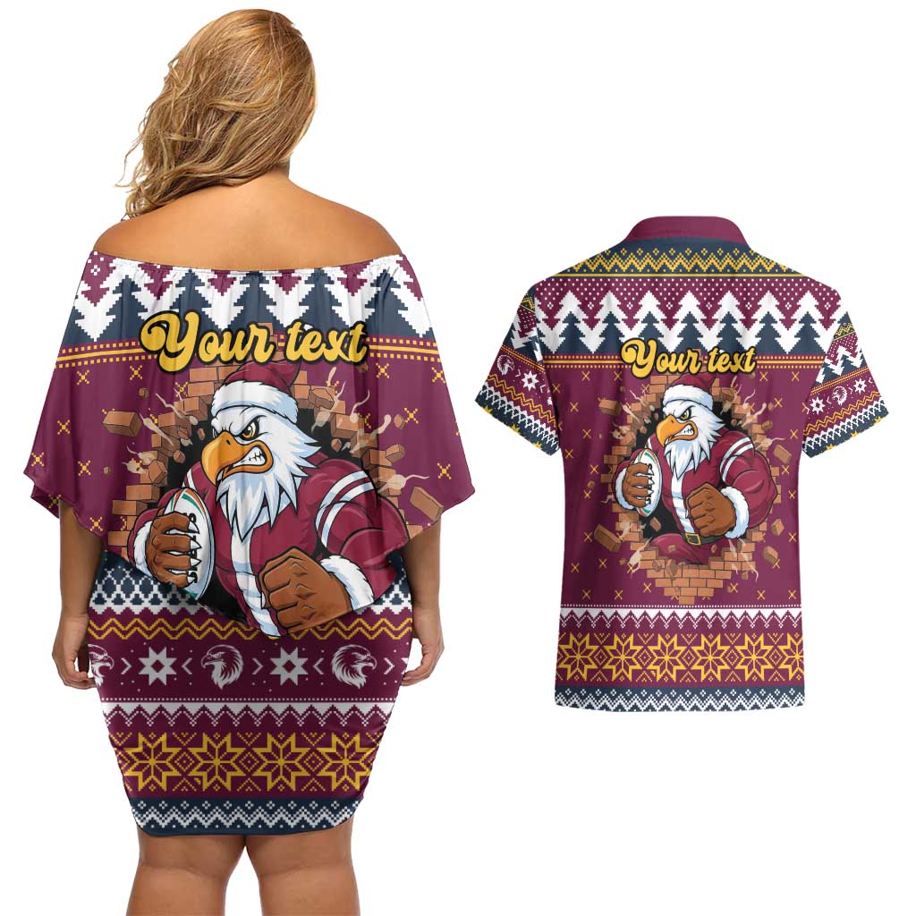 Merry Eagle Roar Personalized Couples Matching Off Shoulder Short Dress and Hawaiian Shirt Christmas Rugby League Spirit - Aussie Hoodie