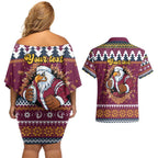 Merry Eagle Roar Personalized Couples Matching Off Shoulder Short Dress and Hawaiian Shirt Christmas Rugby League Spirit - Aussie Hoodie