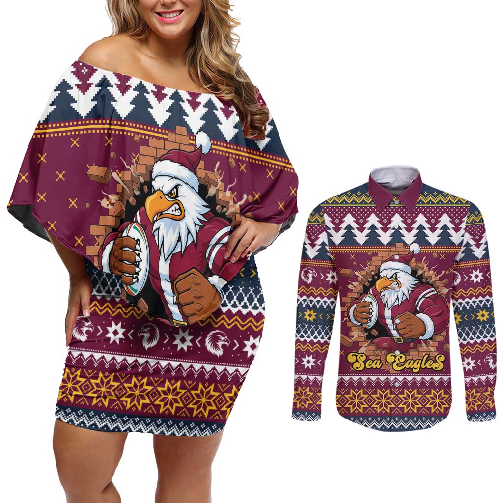 Merry Eagle Roar Personalized Couples Matching Off Shoulder Short Dress and Long Sleeve Button Shirt Christmas Rugby League Spirit - Aussie Hoodie