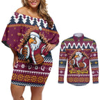 Merry Eagle Roar Personalized Couples Matching Off Shoulder Short Dress and Long Sleeve Button Shirt Christmas Rugby League Spirit - Aussie Hoodie