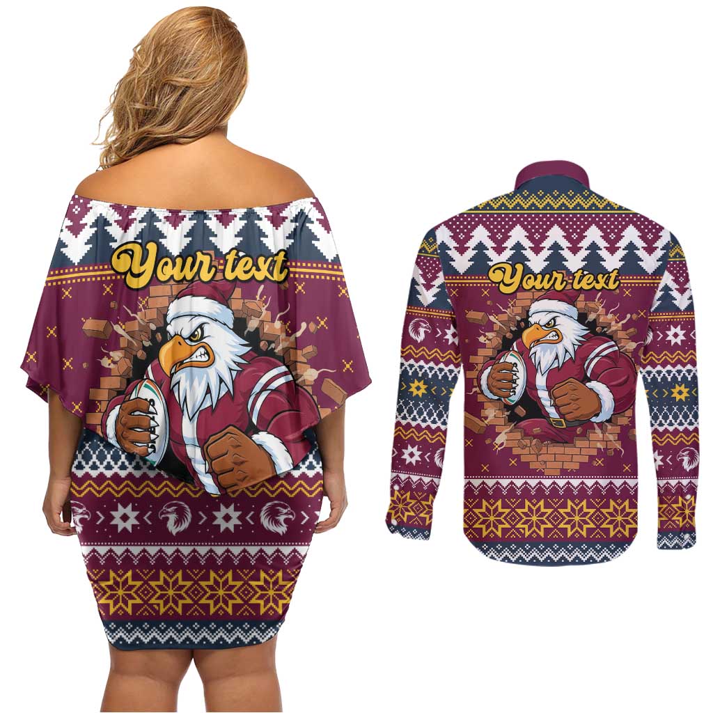 Merry Eagle Roar Personalized Couples Matching Off Shoulder Short Dress and Long Sleeve Button Shirt Christmas Rugby League Spirit - Aussie Hoodie
