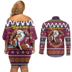 Merry Eagle Roar Personalized Couples Matching Off Shoulder Short Dress and Long Sleeve Button Shirt Christmas Rugby League Spirit - Aussie Hoodie