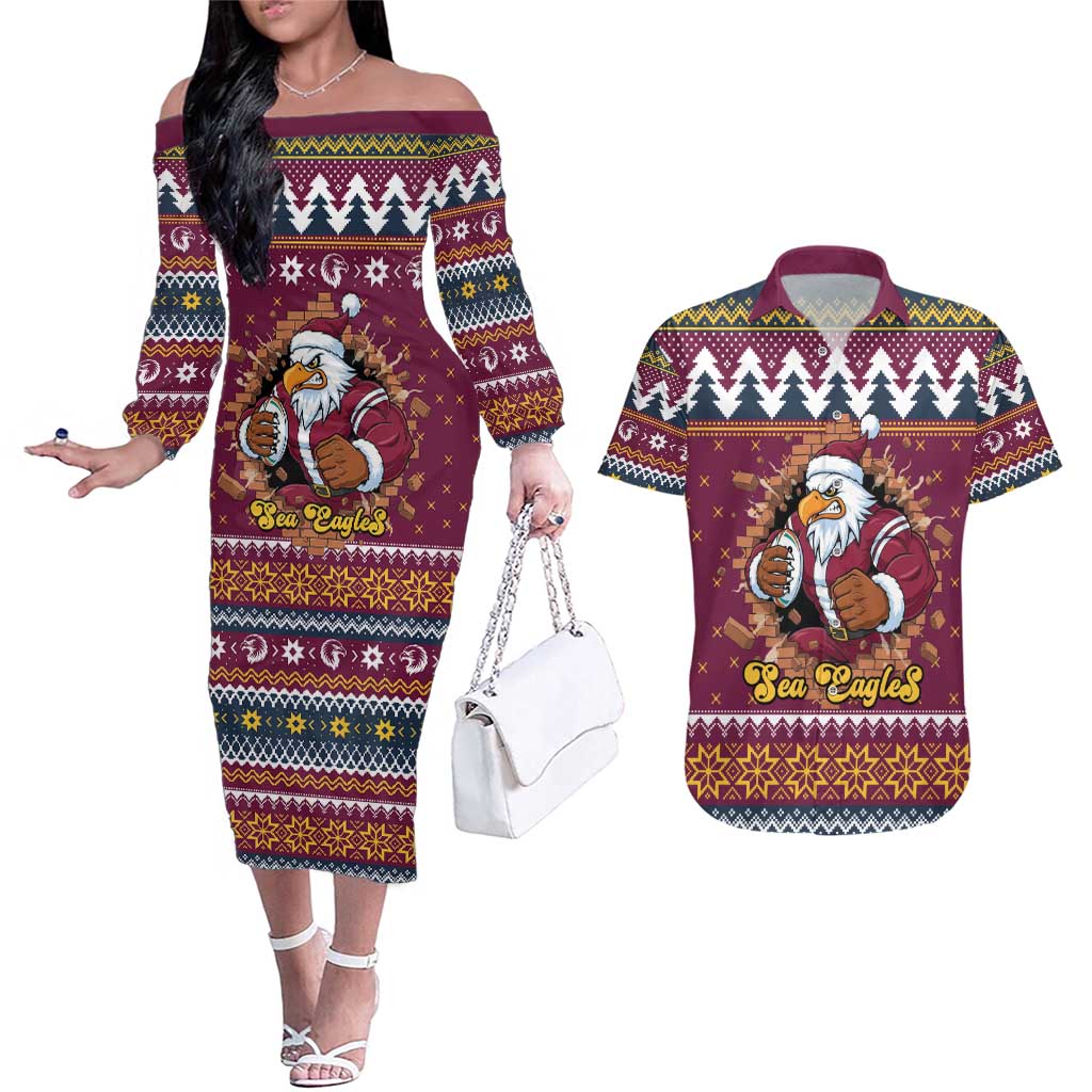 Merry Eagle Roar Personalized Couples Matching Off The Shoulder Long Sleeve Dress and Hawaiian Shirt Christmas Rugby League Spirit - Aussie Hoodie