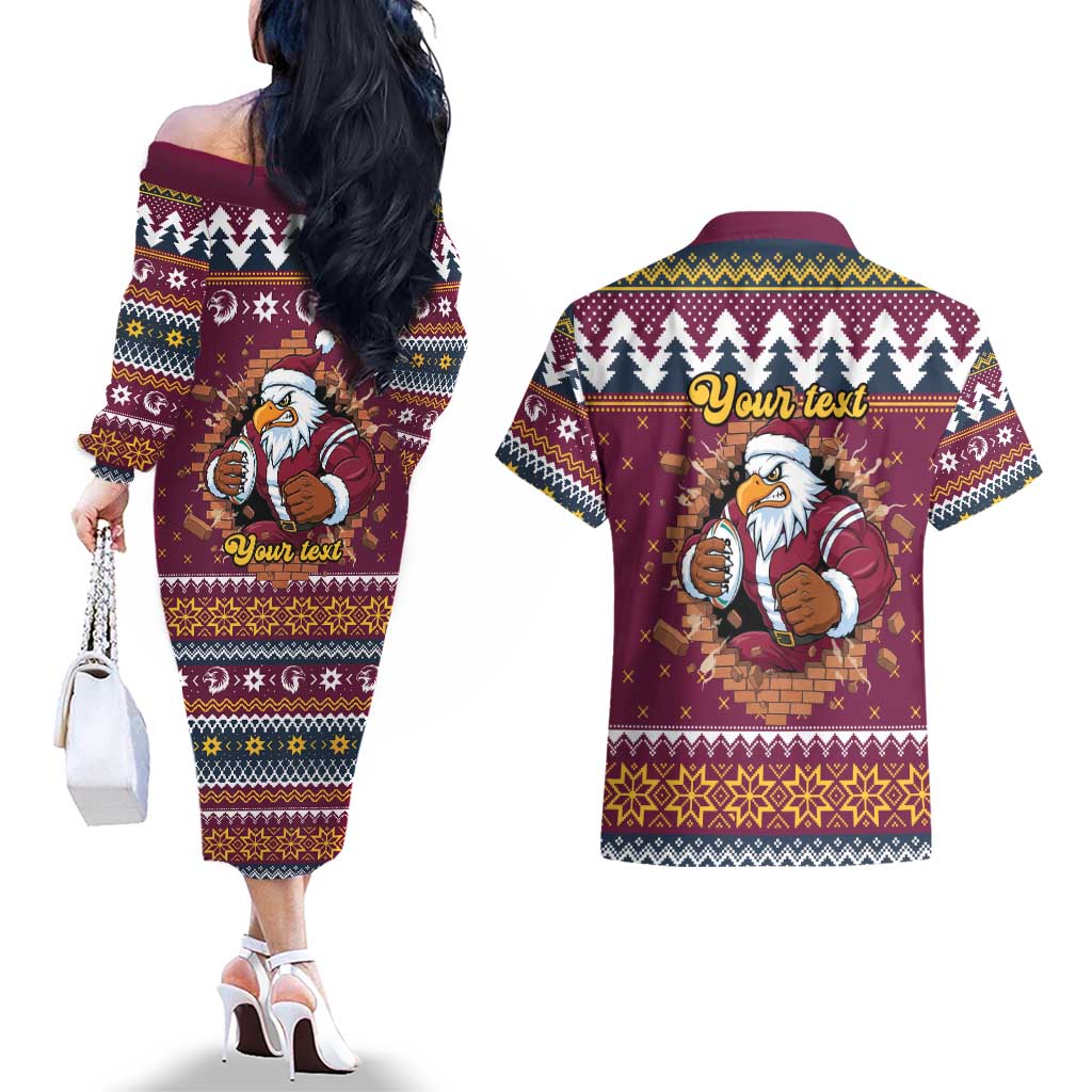 Merry Eagle Roar Personalized Couples Matching Off The Shoulder Long Sleeve Dress and Hawaiian Shirt Christmas Rugby League Spirit - Aussie Hoodie