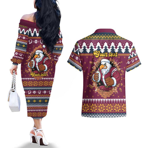 Merry Eagle Roar Personalized Couples Matching Off The Shoulder Long Sleeve Dress and Hawaiian Shirt Christmas Rugby League Spirit - Aussie Hoodie