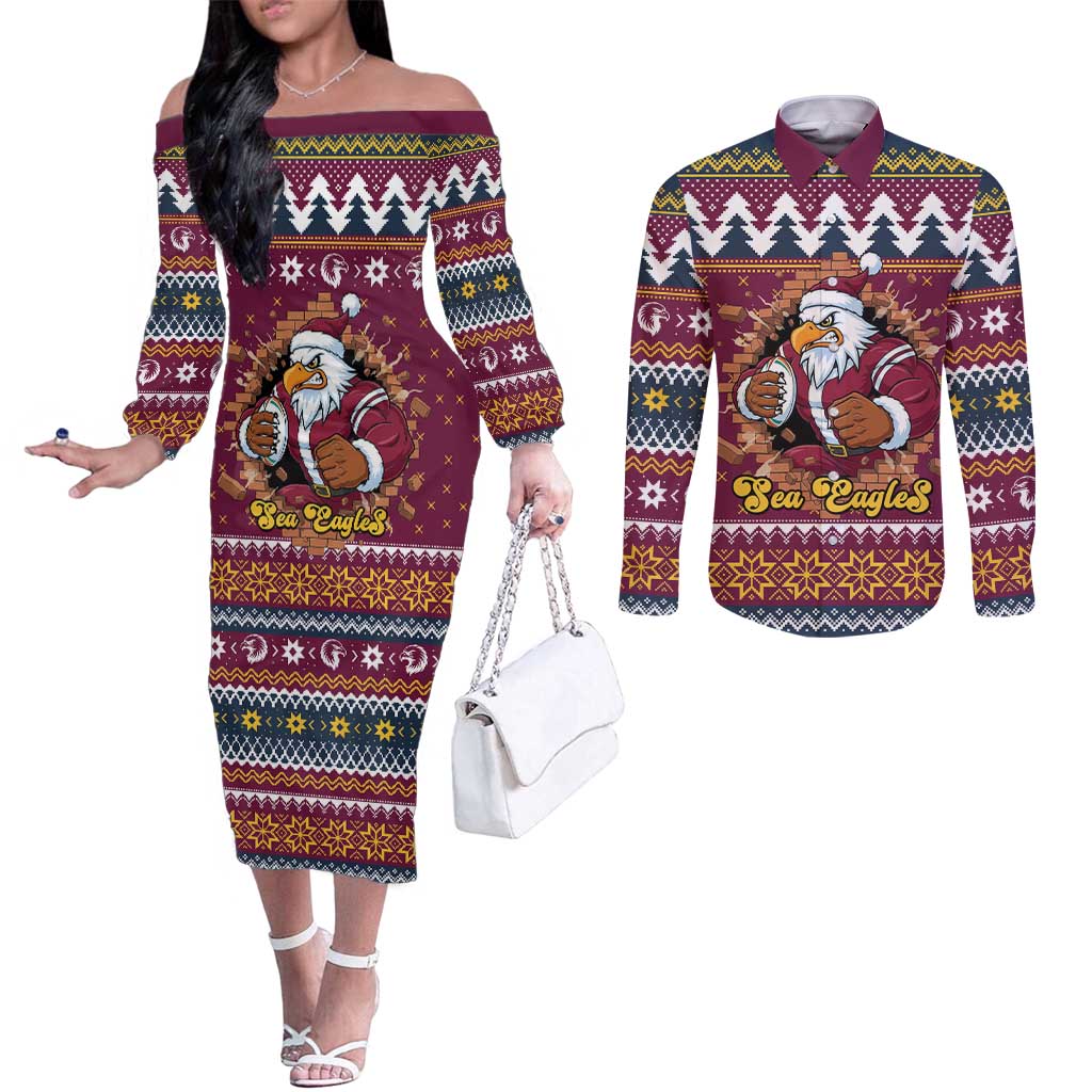 Merry Eagle Roar Personalized Couples Matching Off The Shoulder Long Sleeve Dress and Long Sleeve Button Shirt Christmas Rugby League Spirit - Aussie Hoodie