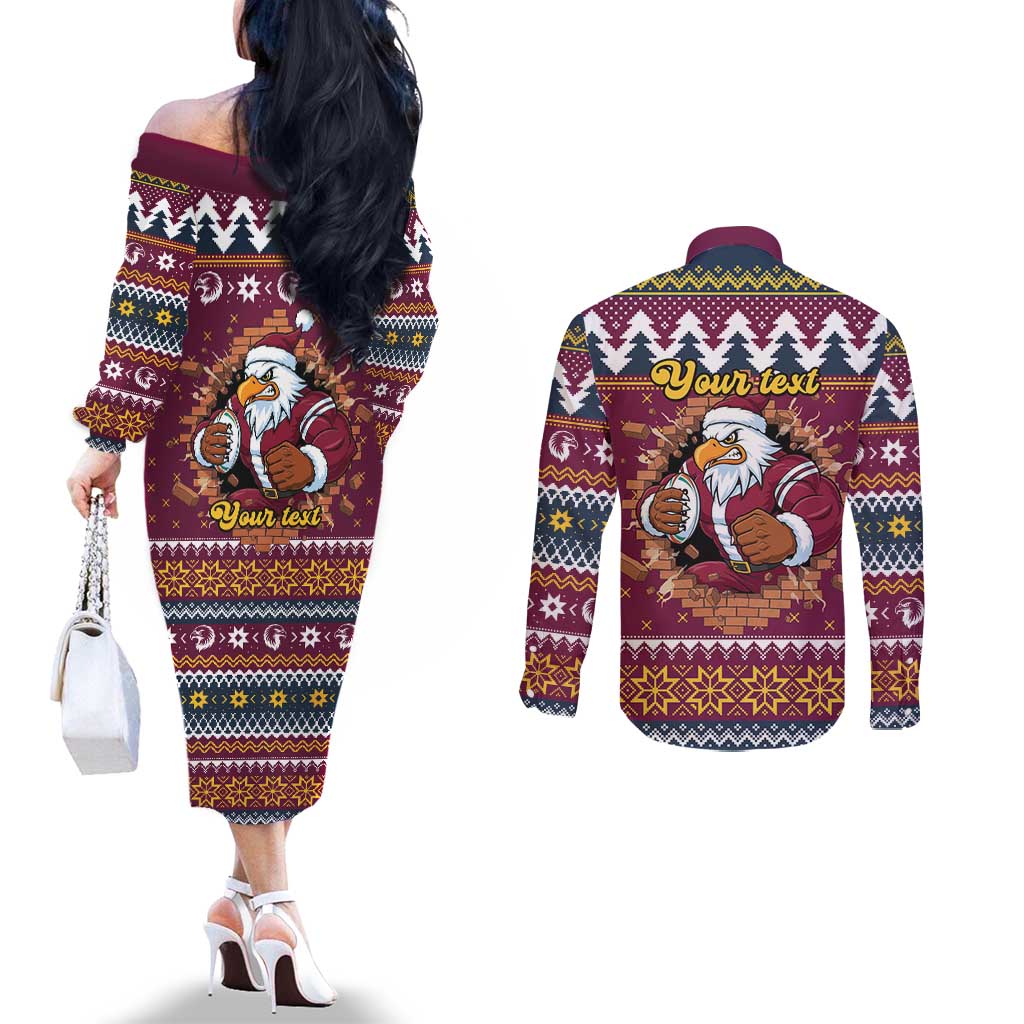 Merry Eagle Roar Personalized Couples Matching Off The Shoulder Long Sleeve Dress and Long Sleeve Button Shirt Christmas Rugby League Spirit - Aussie Hoodie