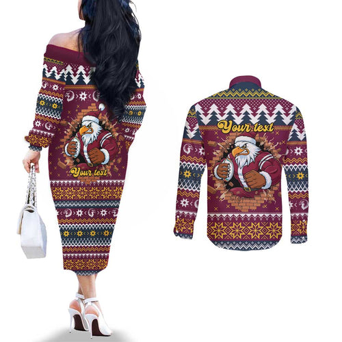 Merry Eagle Roar Personalized Couples Matching Off The Shoulder Long Sleeve Dress and Long Sleeve Button Shirt Christmas Rugby League Spirit - Aussie Hoodie