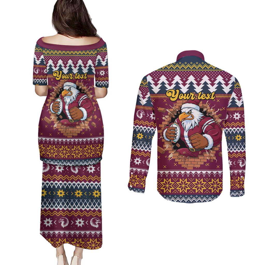 Merry Eagle Roar Personalized Couples Matching Puletasi and Long Sleeve Button Shirt Christmas Rugby League Spirit - Aussie Hoodie