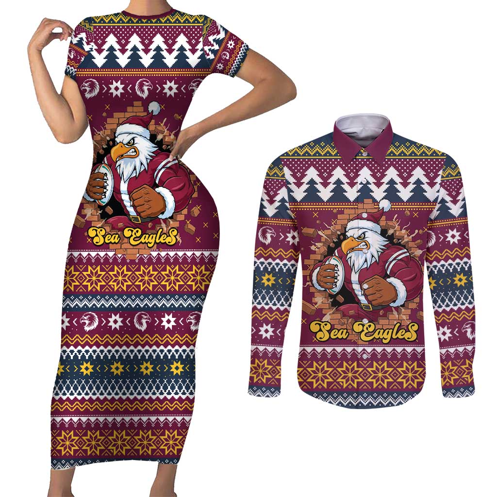 Merry Eagle Roar Personalized Couples Matching Short Sleeve Bodycon Dress and Long Sleeve Button Shirt Christmas Rugby League Spirit - Aussie Hoodie